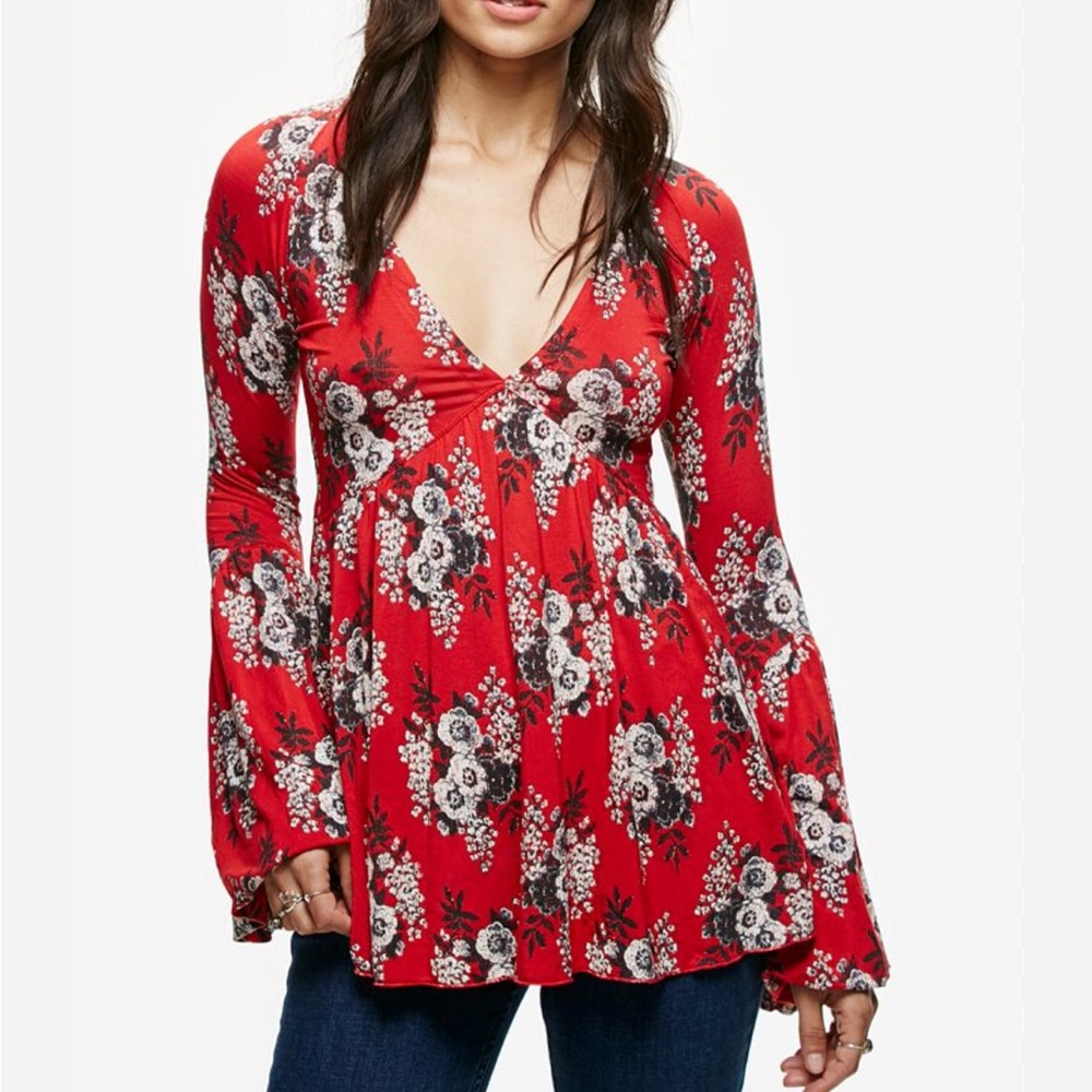 Free People Red Floral Tunic
Blouse Size M, Boho